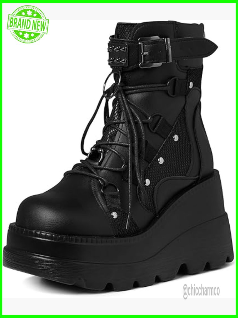 Chunky Platform Ankle Boots Wedge Heel Goth Combat Lace Up Booties